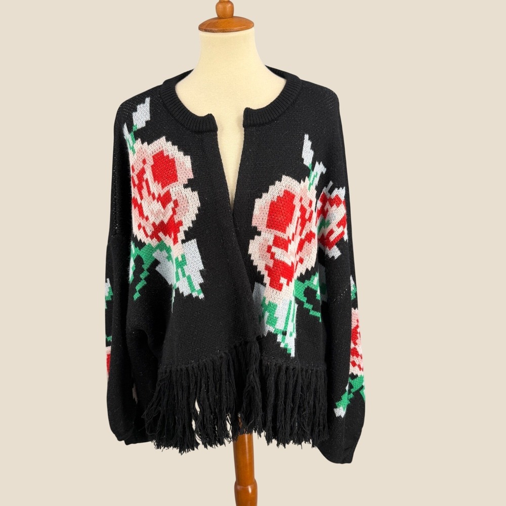 Bel Kazan Black Floral Fringe Open Front Cardigan Sweater One Size
